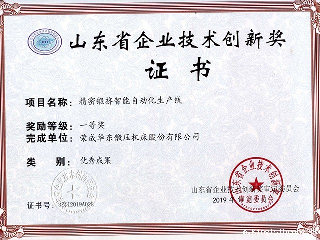 山东省企业技术创新奖-精密锻挤智能自动化生产线